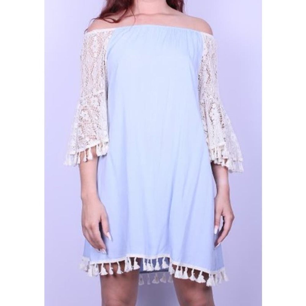 Southern Stitch Blue Crochet Lace Bell Sleeve Tassel Off the Shoulder Dress XXXL